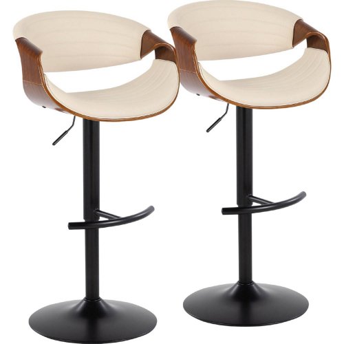 Symphony Adjustable Swivel Bar Stool in Black Metal, Walnut Wood & Cream Leatherette (Set of 2)